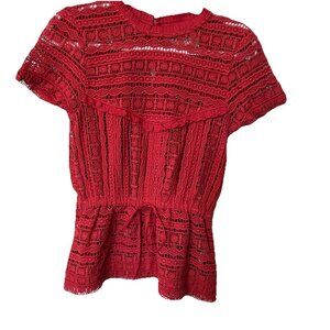 Carolina K crohet vtg peplum top sweater XS red Fairy Eyelet Lace Luxury holiday